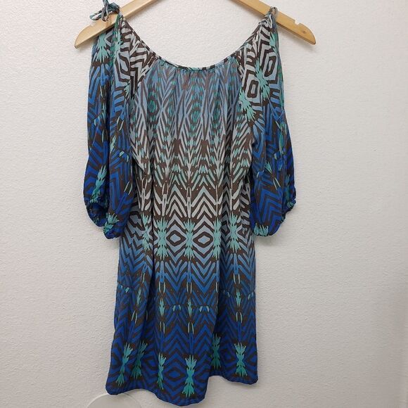 Guess Geometric Mixed Print Blue 100% Silk Blouse Size XS - Picture 6 of 7